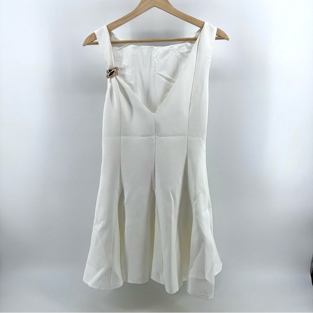 Hello Molly White V-Neck Mini Dress with Gold Accent